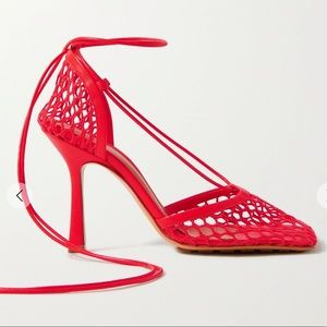 Red Lace-Up Mesh High Heel Pumps